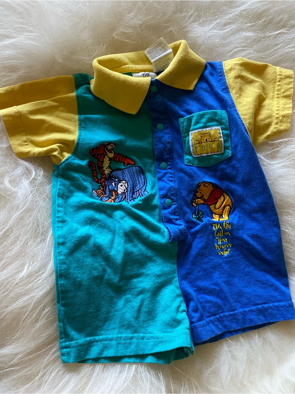 Vintage Winnie the Pooh Colorblock Polo Romper - Yellow, Teal & Blue